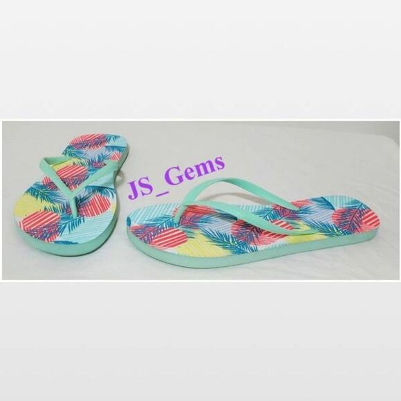 New Womens Flip Flops Aqua Tropical Leaf Print Size XL 11 12 - Picture 1 of 14